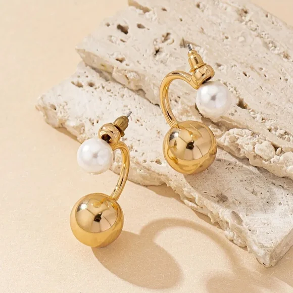 Gold and Pearl Drop Earrings - Picture 2 of 2